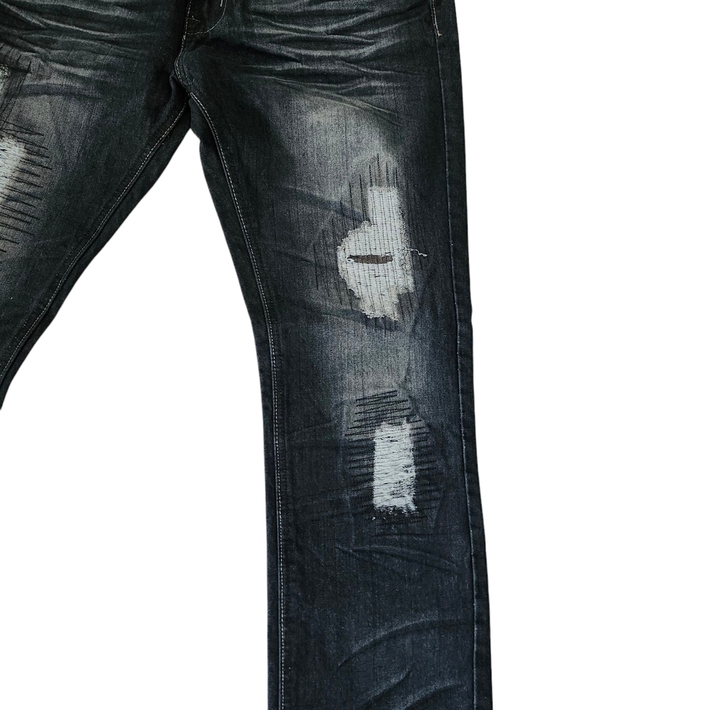 Men's Blue Black Wash Distressed Denim Jeans (No Tags, Never Worn) - Picture 3 of 10